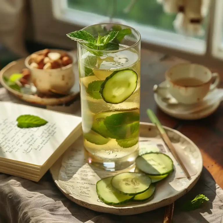 Glass of moringa detox water with lemon slices on a rustic wooden table