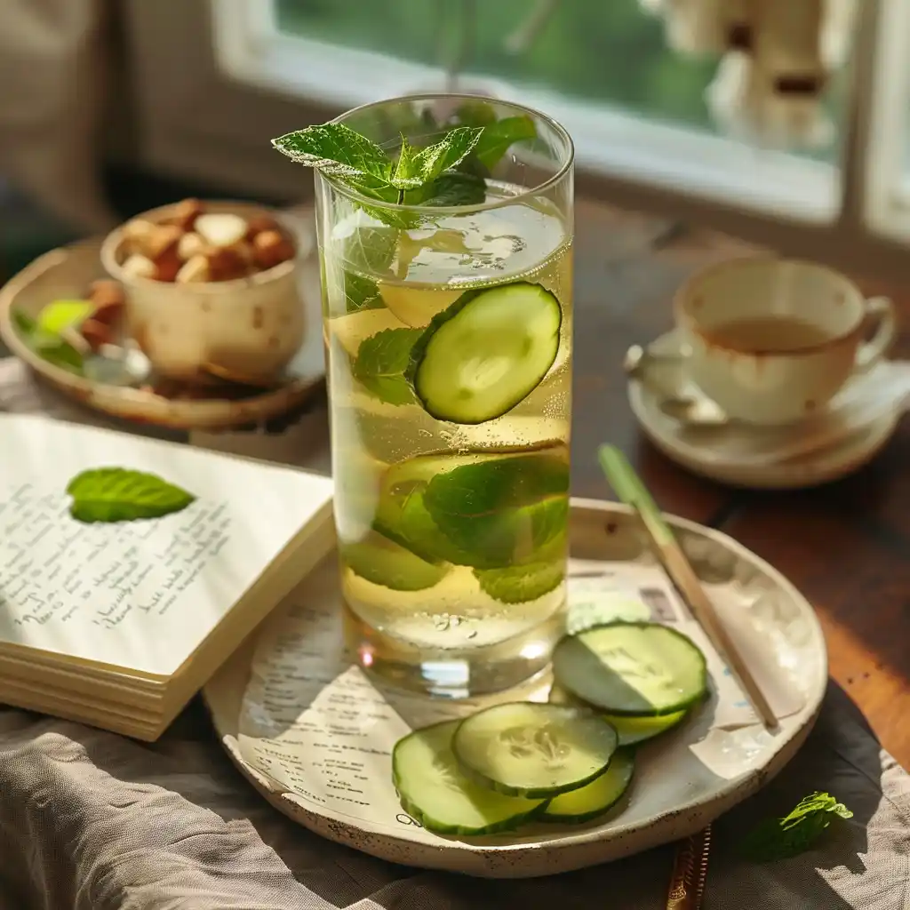 Glass of moringa detox water with lemon slices on a rustic wooden table