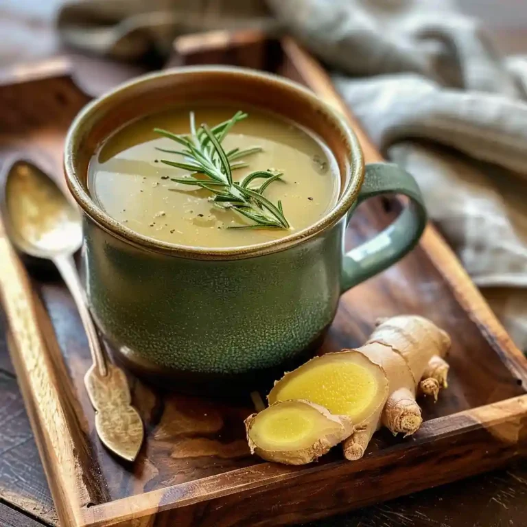 Herbal bone broth served in a ceramic mug with rosemary and ginger on a wooden tray