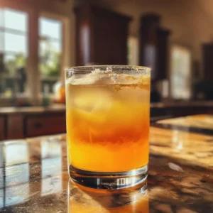 Homemade cortisol cocktail in a clear glass with natural light on a rustic counter