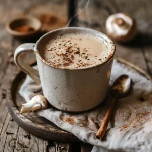 Homemade mushroom slimming coffee in a ceramic mug, topped with cinnamon