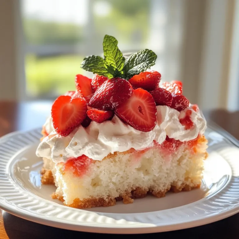 Plated slice of Strawberry Angel Food Cake with toppings