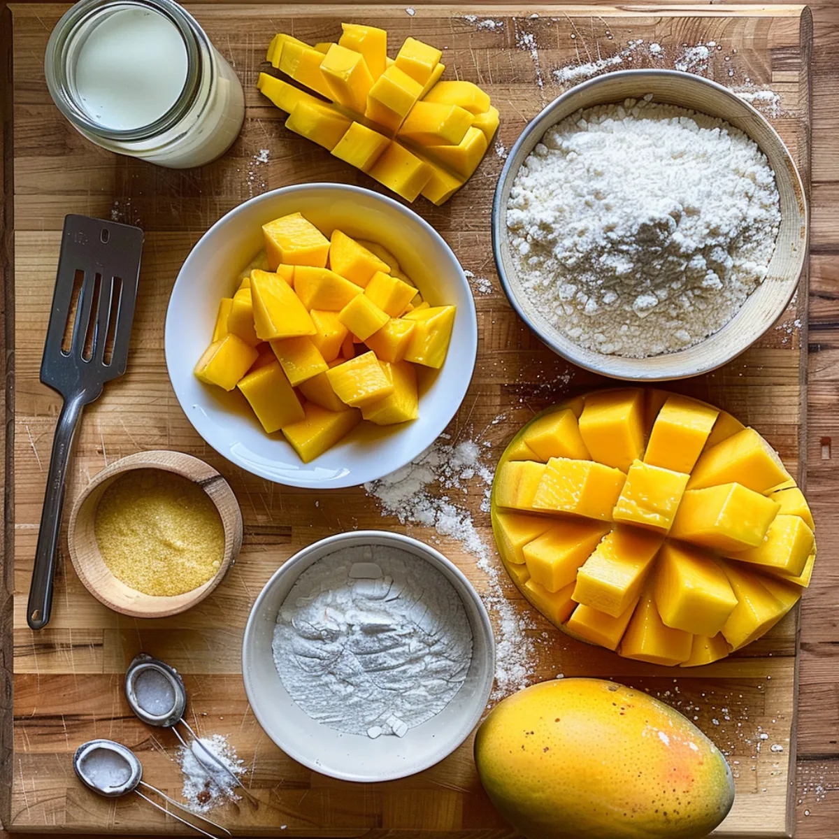 Ingredients for making mango mochi displayed on a kitchen counter