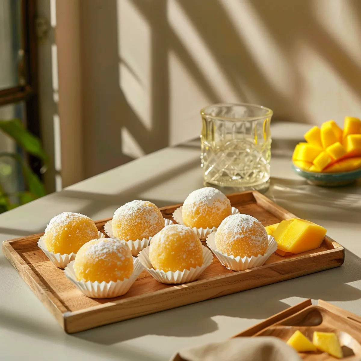 Served mango mochi on banana leaf with iced green tea on the side