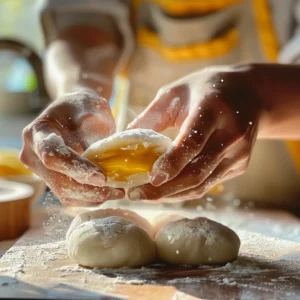Shaping mango mochi dough with mango filling in the center