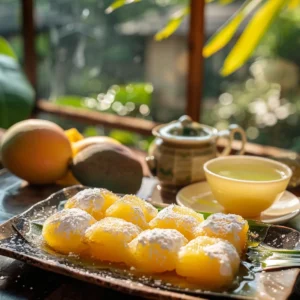 Homemade mango mochi on a ceramic plate with mango filling visible