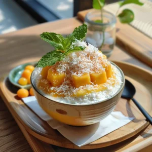 Mango bingsu dessert with fresh mango cubes and milk ice