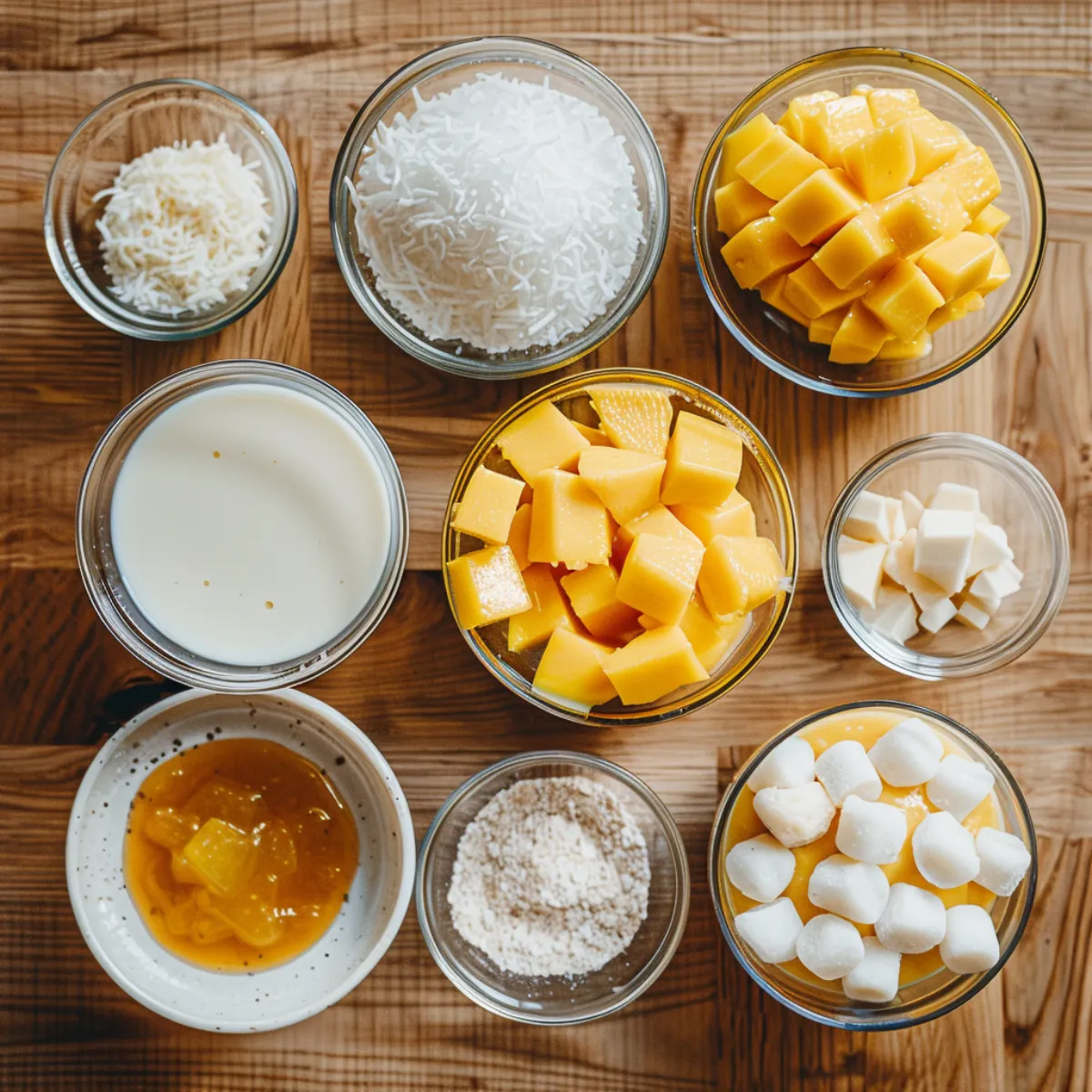 Ingredients for mango bingsu including mango, milk, and toppings