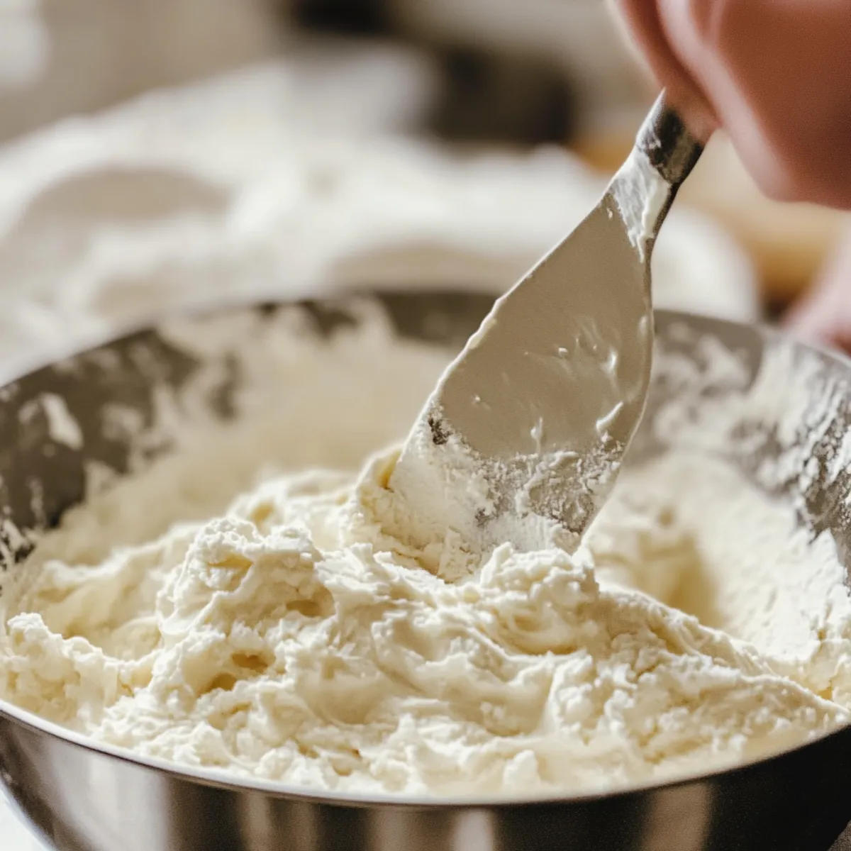 Folding flour into egg whites for Strawberry Angel Food Cake
