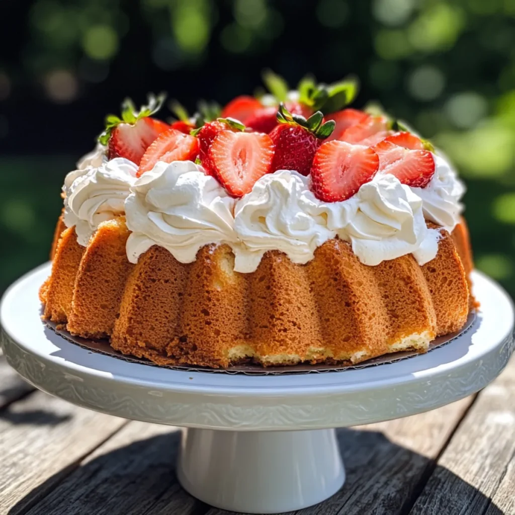 Freshly sliced Strawberry Angel Food Cake with whipped cream and strawberries