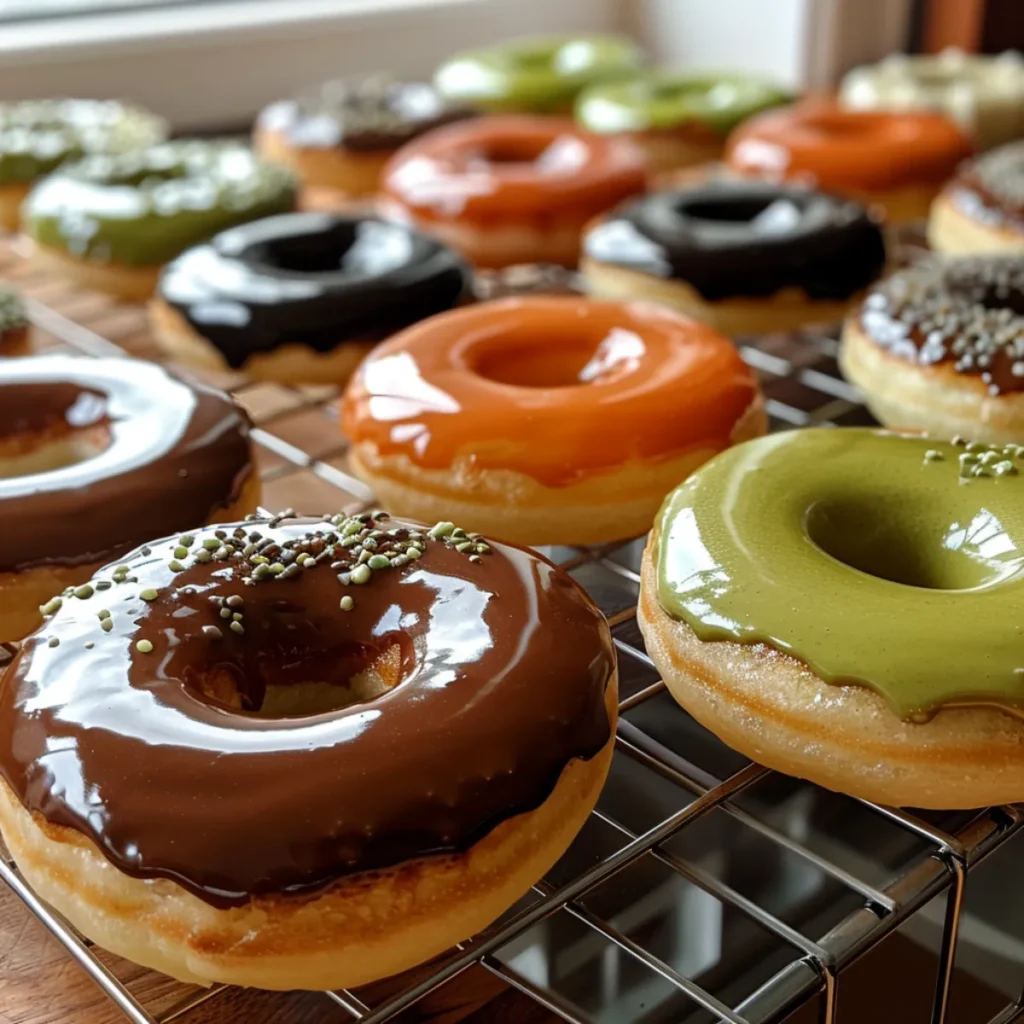 Glazed mochi donuts in assorted flavors on a cooling rack