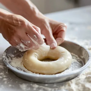 Piping mochi donut dough into a pan for baking