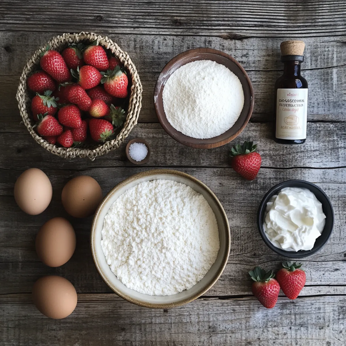 Ingredients for Strawberry Angel Food Cake on kitchen counter