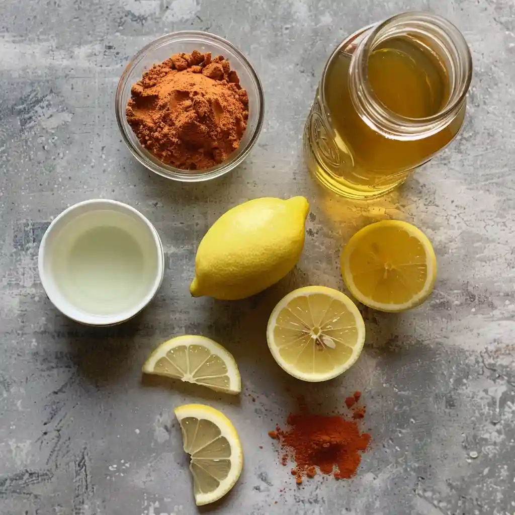 Ingredients foracv and cayenne pepper drink laid out on a wooden counter
