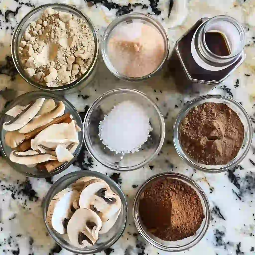 Ingredients for Mushroom-Based Slimming Coffee including powders, cinnamon, and stevia