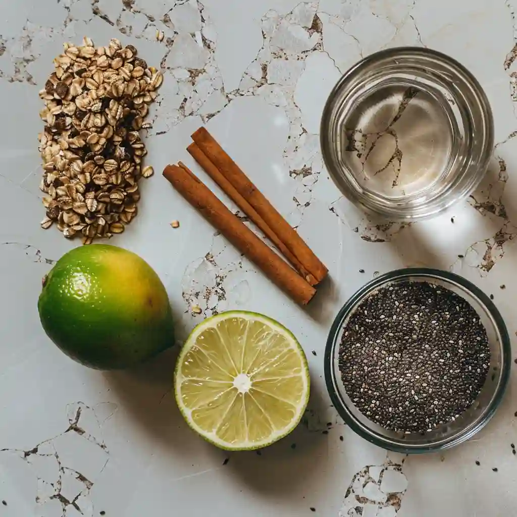 Ingredients for Oatzempic drink – rolled oats, lime, chia, cinnamon, and water