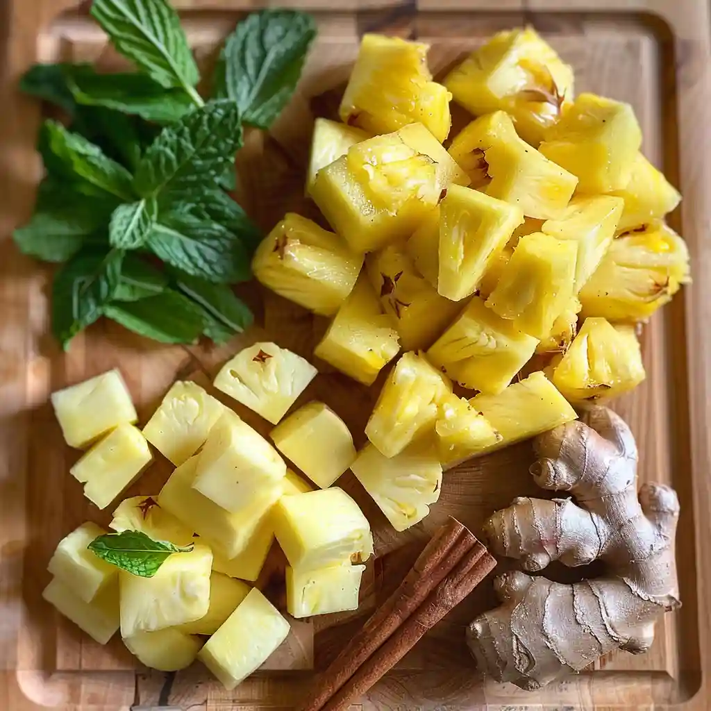 Ingredients for pineapple water including fresh pineapple, mint, ginger, and cinnamon