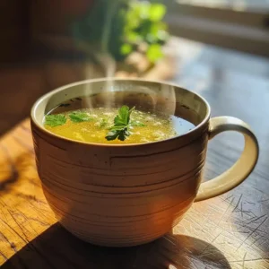 Keto herbal bone broth in a rustic mug with floating parsley, turmeric, and ginger slices