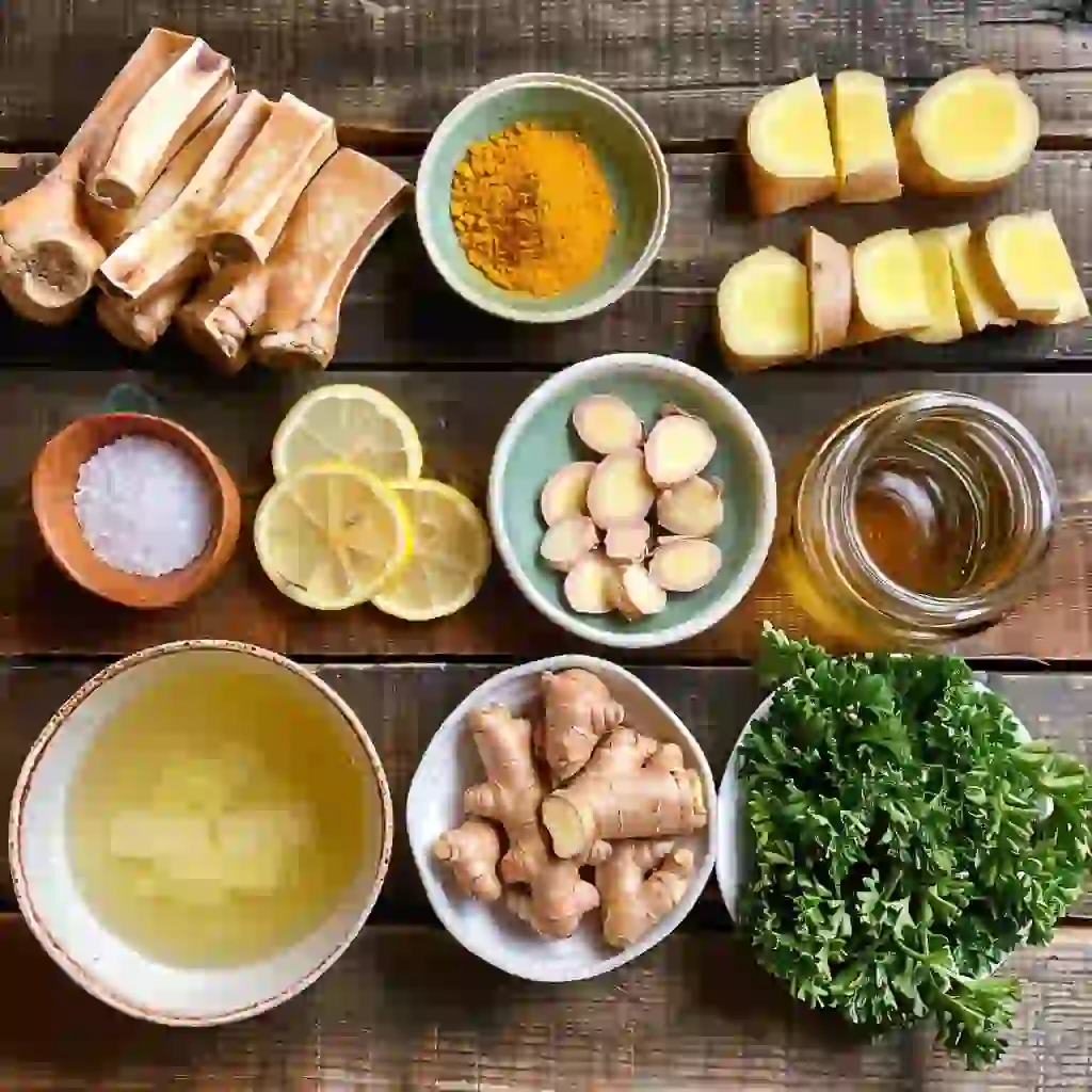 Laid out bone broth ingredients including marrow bones, herbs, spices, and salt for Keto-friendly herbal bone broth electrolytes