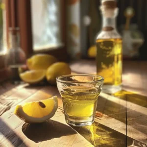 Lemon and olive oil in a clear glass on a sunlit kitchen counter – a traditional Mediterranean morning drink