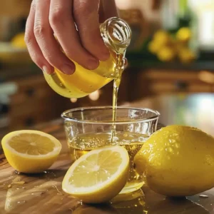 Lemon being squeezed into a glass of olive oil – step-by-step preparation of a morning wellness drink