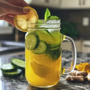 Lemon being squeezed into a mug with ginger and turmeric visible