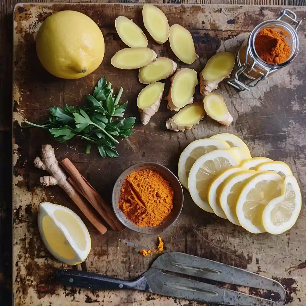Lemon, ginger, cayenne, turmeric, and apple cider vinegar on a wooden kitchen counter for Natural Mounjaro Weight Loss Drink