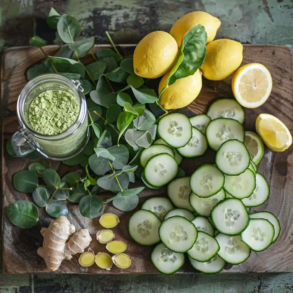 Moringa leaves, lemon, ginger, cucumber, and a mason jar on a cutting board  moringa detox water for weight loss