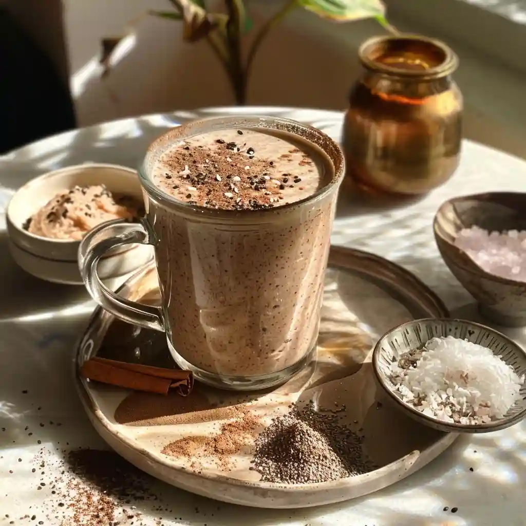 Mushroom-Based Slimming Coffee served in a glass mug with cinnamon and chia pudding