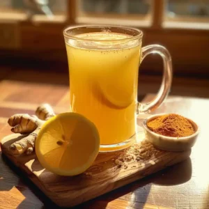 Natural Mounjaro Weight Loss Drink in a clear glass mug with ginger, lemon, turmeric, and cayenne