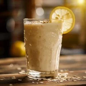 Oatzempic drink served in a clear glass, creamy with floating oats and lemon garnish