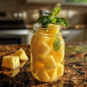 Pineapple water in a mason jar with mint on a rustic wooden table