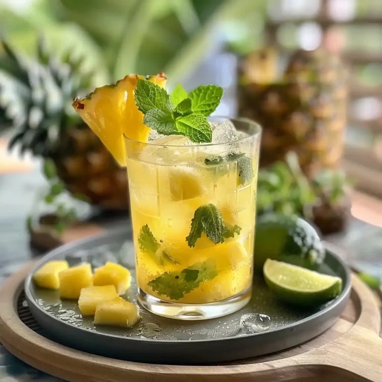 Pineapple water served with mint and lime on a tray
