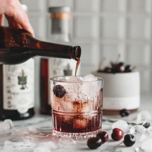 Pouring cherry syrup into ice-filled tumbler for a WaterTok drink