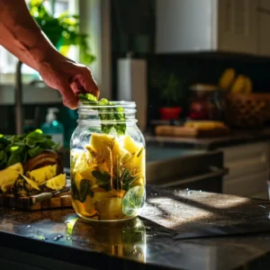 Preparing pineapple water by adding pineapple to a mason jar