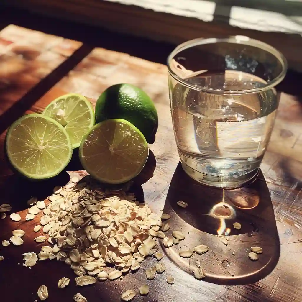 Rolled oats, fresh limes, and water arranged on a wooden counter