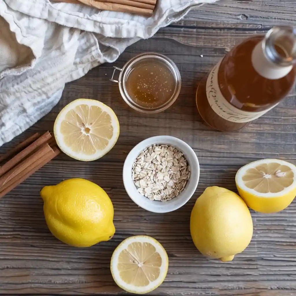 oatzempic recipe for weight loss - Rolled oats, lemon halves, raw apple cider vinegar, and water displayed on a wooden board
