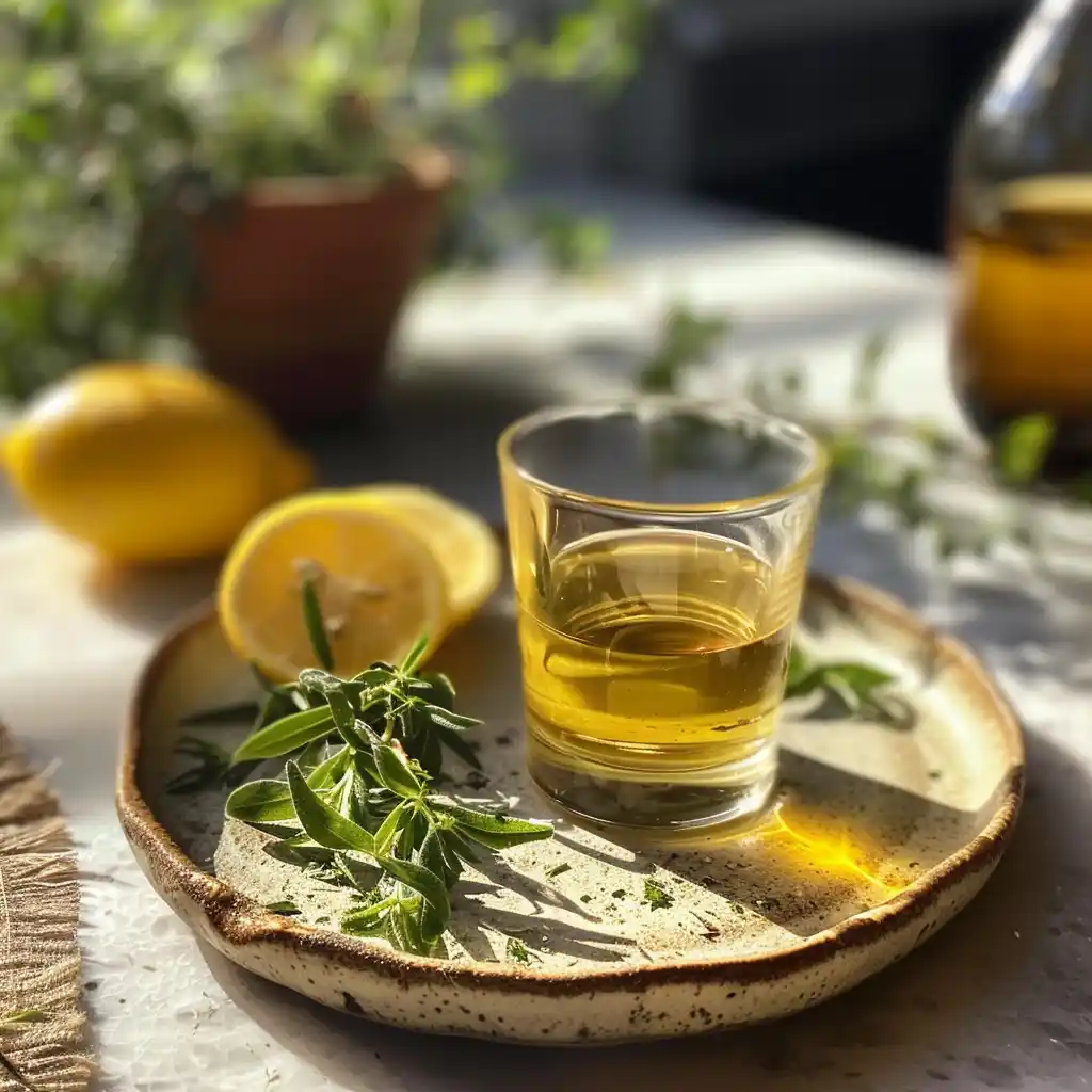 lemon and olive oil in the morning Shot glass of lemon and olive oil blend served on ceramic plate with herbs and lemon slices