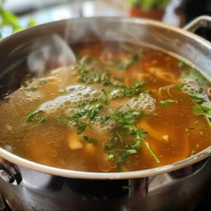 Simmering bone broth with herbs and bones in a home kitchen pot