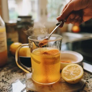 Stirring cayenne pepper into a glass of warm ACV and lemon water