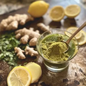 Stirring moringa powder into a glass of water with lemon slices beside it