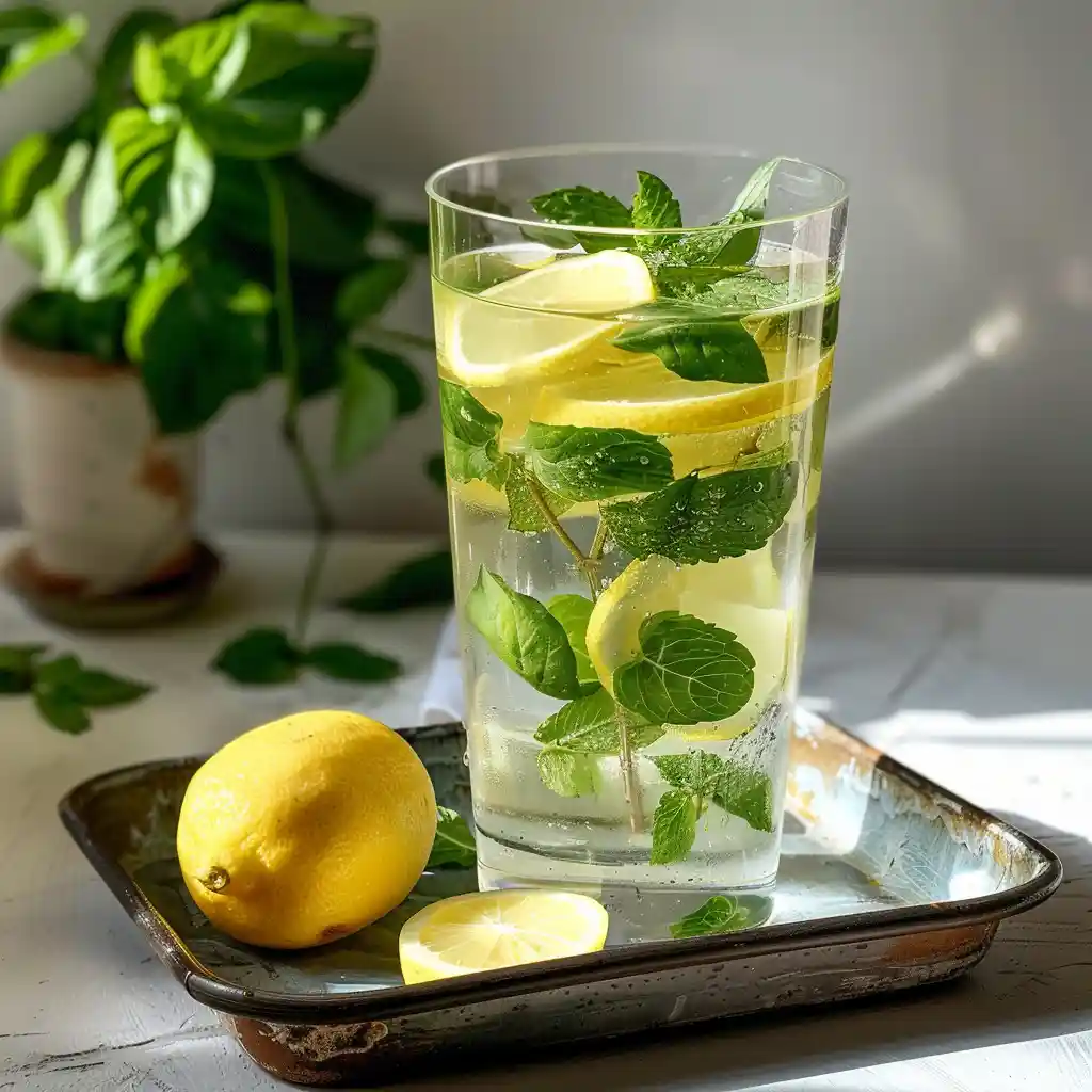 Tall glass of moringa detox water with lemon and mint on a tray, served chilled