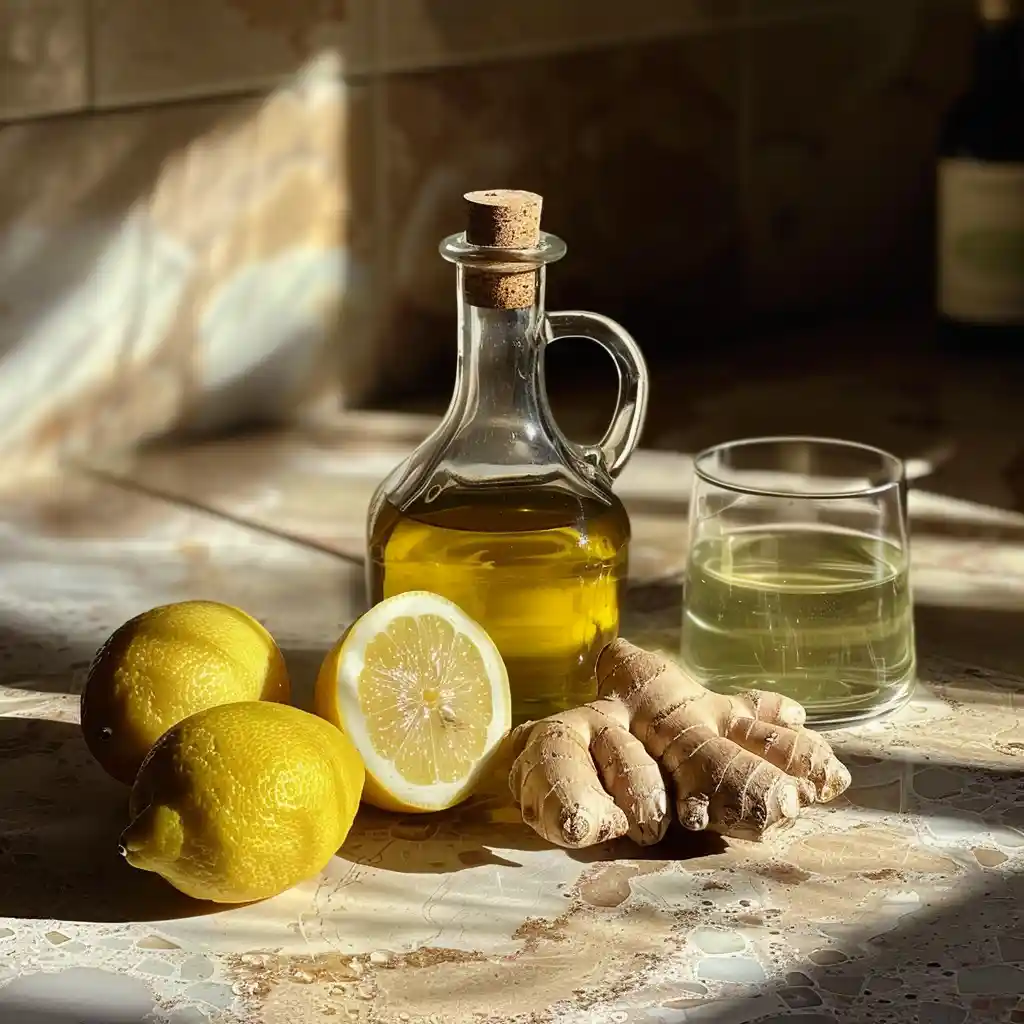Whole lemon, olive oil, raw honey, and ginger arranged on a kitchen counter