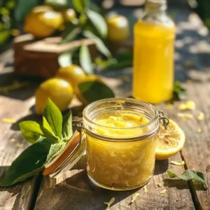 Whole lemon olive oil drink in a rustic jar with lemon zest and olive oil on a sunny wooden table