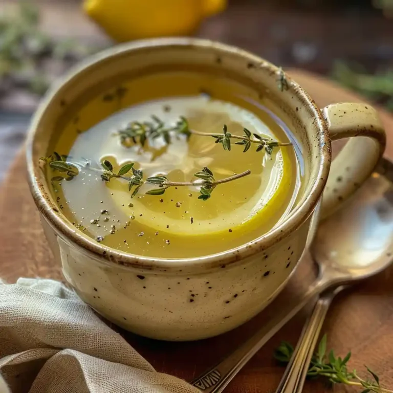 Whole lemon olive oil drink served in a ceramic cup with lemon twist and herbs