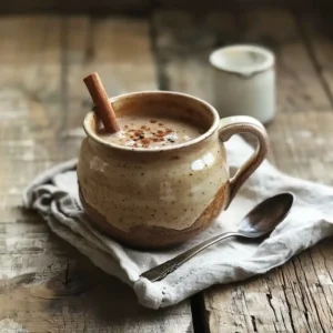 A cozy mug of warm prune juice with a cinnamon stick and melting butter, perfect for digestion