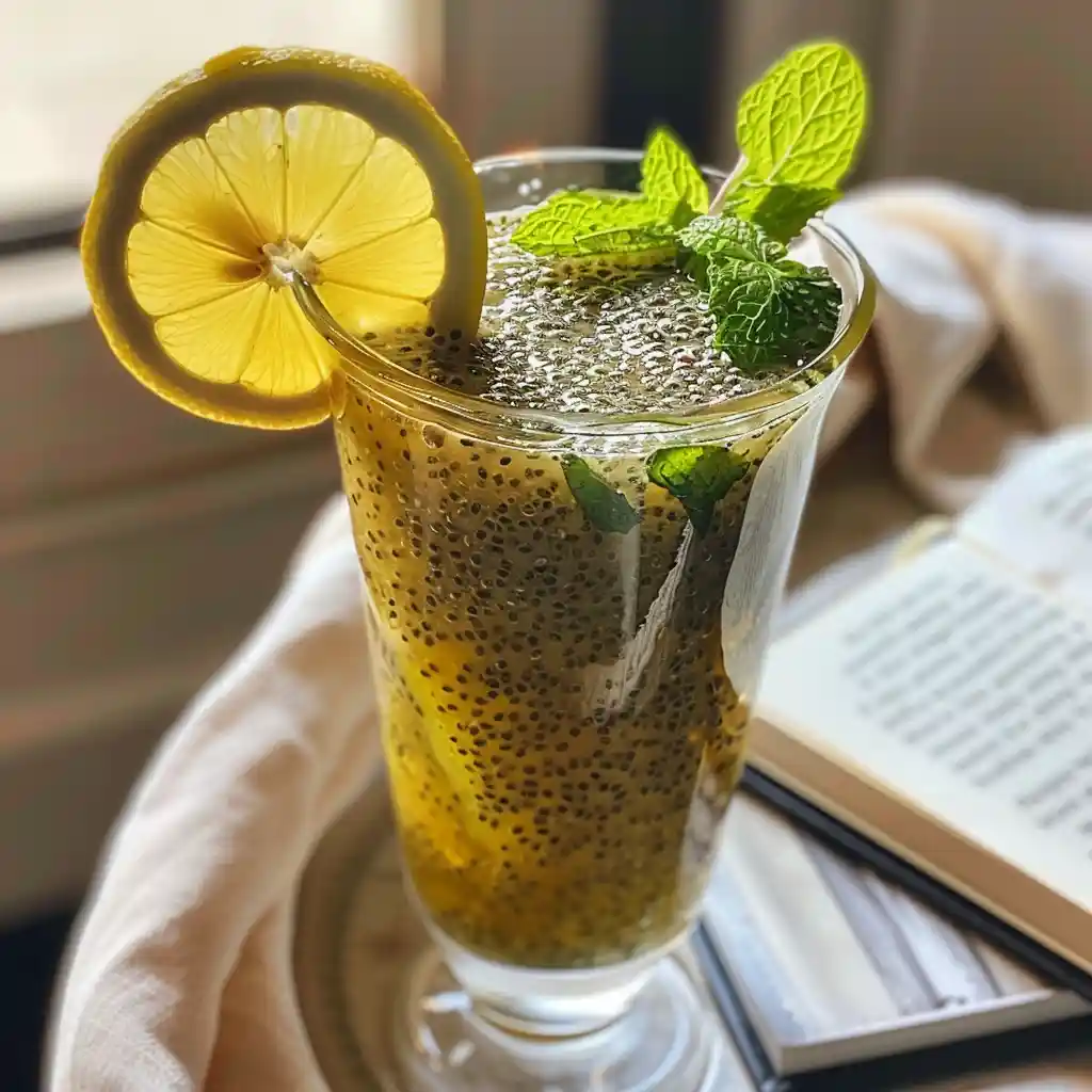 A full glass of natural Zepbound drink recipe with chia gel, mint, and lemon garnish on a tray