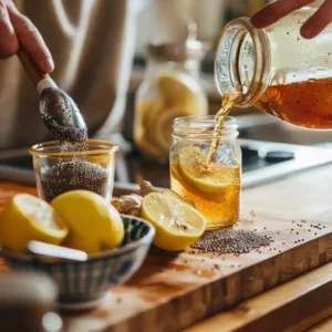 A home cook preparing a Keto Mounjaro Shot by pouring vinegar into a small jar