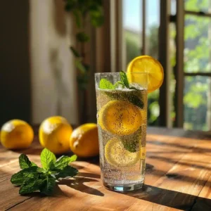 A homemade Zepbound drink with floating chia seeds, fresh lemon and mint on a rustic table