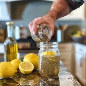 A mason jar with chia seeds being stirred into water, lemon and vinegar bottle nearby